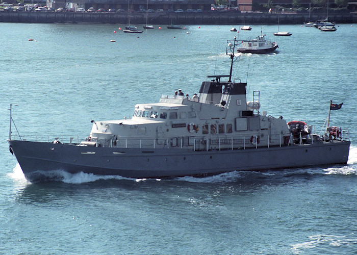 Photograph of the vessel HMCC Searcher pictured departing Portsmouth Harbour on 26th May 1988