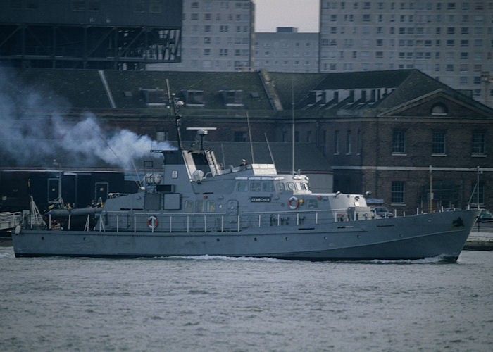 Photograph of the vessel HMCC Searcher pictured departing Portsmouth Harbour on 21st December 1992