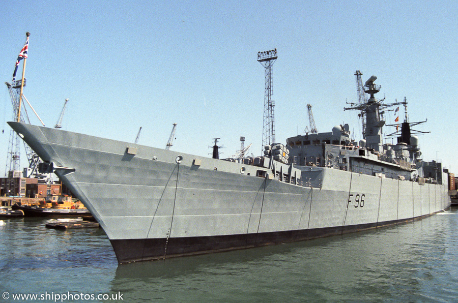 Photograph of the vessel HMS Sheffield pictured in Portsmouth Naval Base on 7th May 1989
