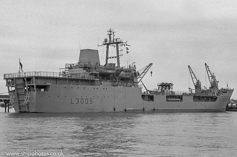 Photograph of the vessel RFA Sir Galahad pictured at Gosport Fuel Jetty on 25th March 1989