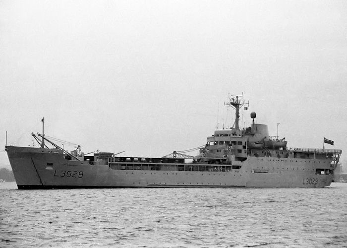 Photograph of the vessel RFA Sir Lancelot pictured departing Marchwood Military Port on 12th March 1989