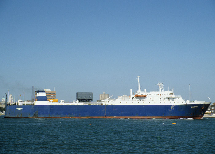 Photograph of the vessel  Skarvoy pictured departing Portsmouth Harbour on 13th July 1990