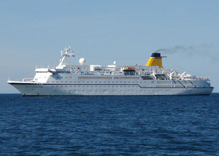 Photograph of the vessel  Spirit of Adventure pictured at anchor off St. Peter Port on 17th June 2008