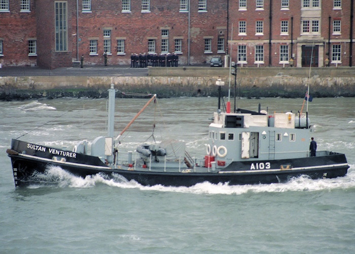 Photograph of the vessel RMAS Sultan Venturer pictured departing Portsmouth Harbour on 26th October 1988