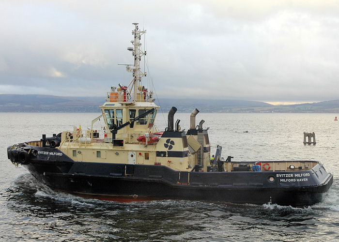Photograph of the vessel  Svitzer Milford pictured leaving James Watt Dock, Greenock on 20th November 2010