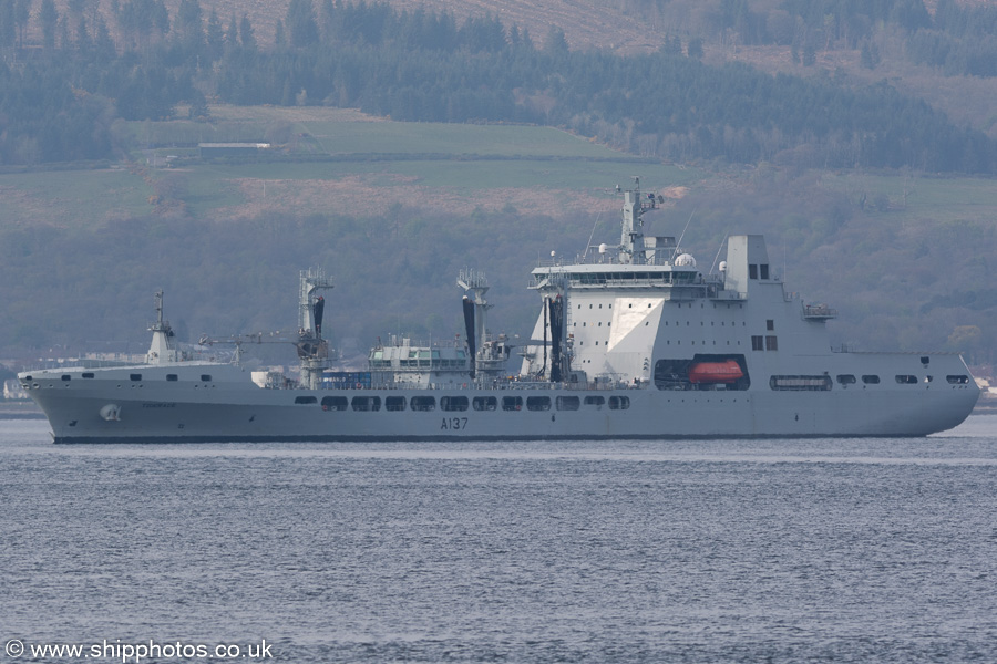 Photograph of the vessel RFA Tiderace pictured at the Tail of the Bank on 19th April 2019