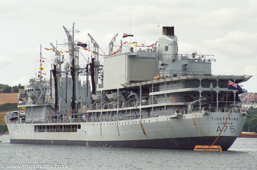 Photograph of the vessel RFA Tidespring pictured at anchor on the River Tamar on 28th July 1989