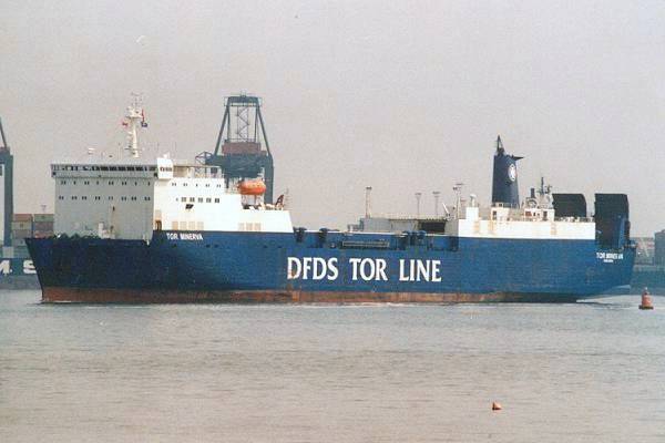 Photograph of the vessel  Tor Minerva pictured approaching Parkeston Quay, Harwich on 26th May 2001