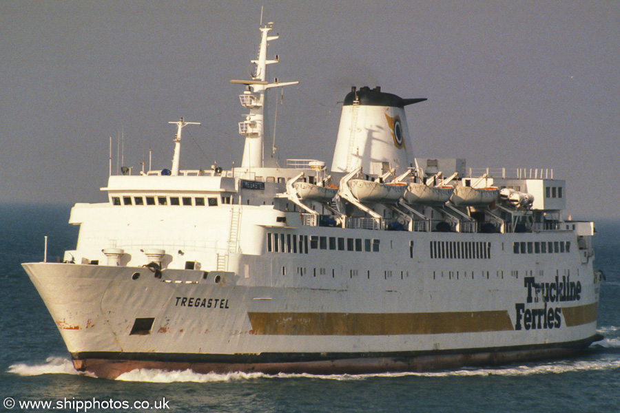 Photograph of the vessel  Tregastel pictured approaching Cherbourg on 17th March 1990