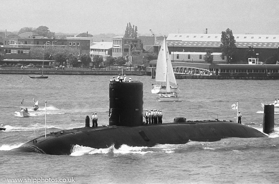 Photograph of the vessel HMS Turbulent pictured departing Portsmouth Harbour on 21st May 1989