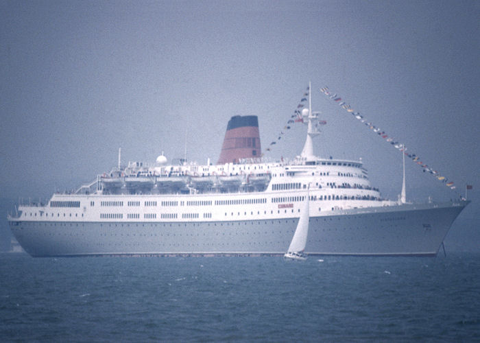 Photograph of the vessel  Vistafjord pictured at anchor in the Solent on 27th July 1990