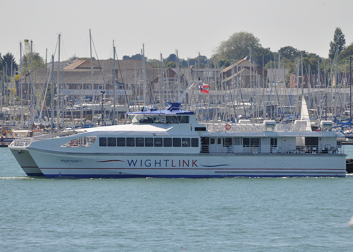 Photograph of the vessel  Wight Ryder I pictured under tow in Portsmouth Harbour on 23rd July 2012