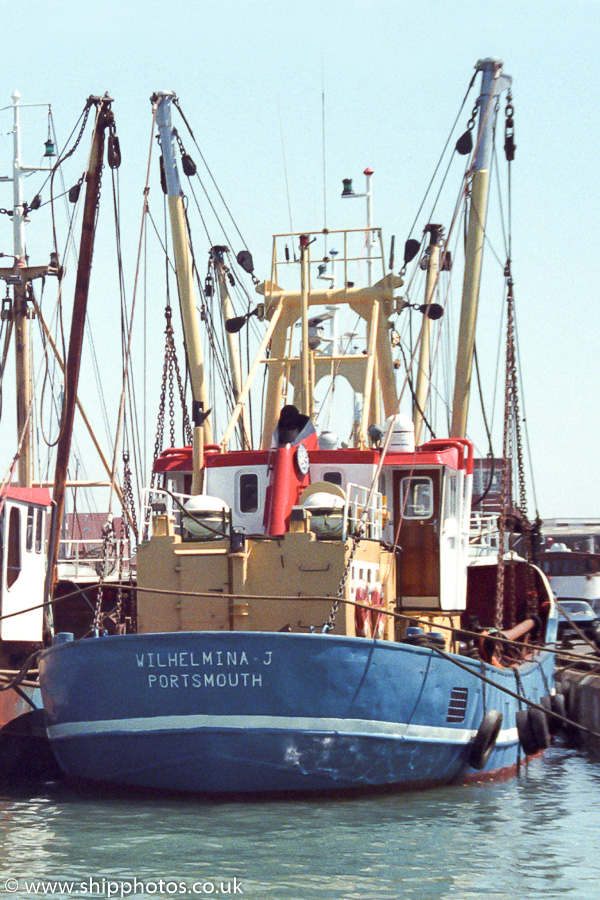 Photograph of the vessel fv Wilhelmina-J pictured in the Camber, Portsmouth on 7th May 1989