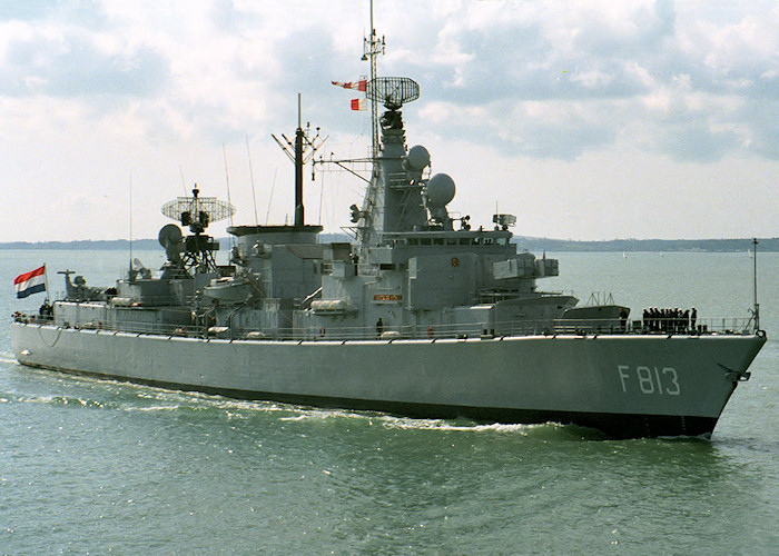 Photograph of the vessel HrMS Witte de With pictured entering Portsmouth Harbour on 1st April 1988