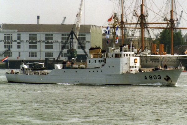 Photograph of the vessel HrMS Zeefakkel pictured departing Portsmouth Harbour on 19th May 1994
