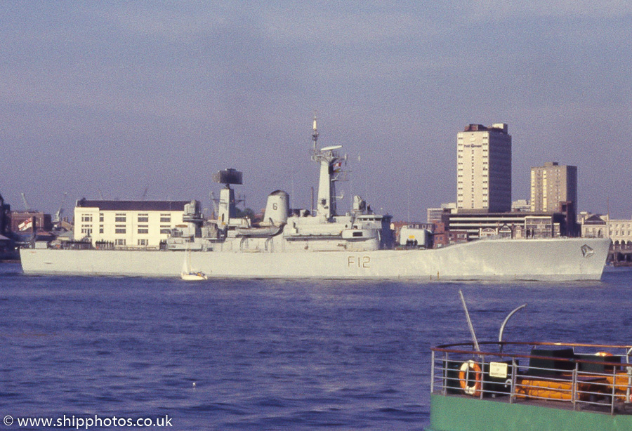 HMS Achilles pictured departing Portsmouth Harbour on 1st May 1987