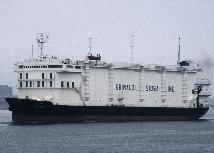 Photograph of the vessel  Adige pictured departing Southampton on 31st May 1990