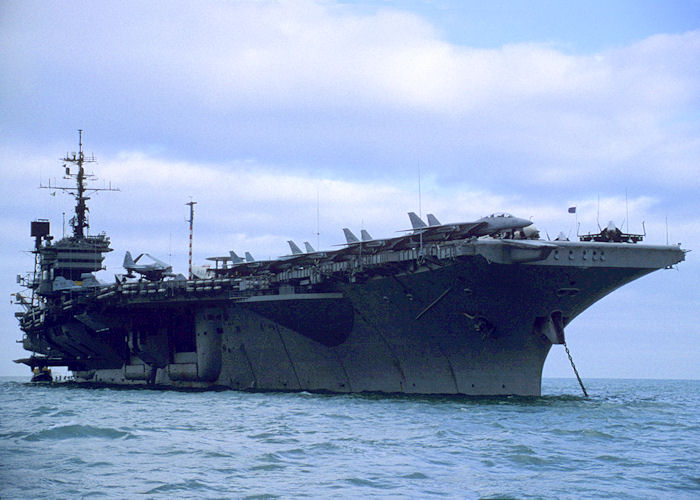 USS America pictured at anchor in the Solent on 23rd September 1991
