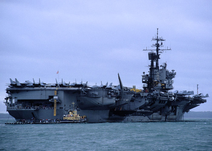 USS America pictured at anchor in the Solent on 23rd September 1991