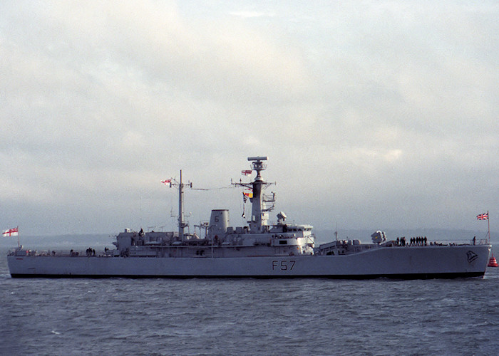 Photograph of the vessel HMS Andromeda pictured approaching Portsmouth Harbour on 2nd June 1988
