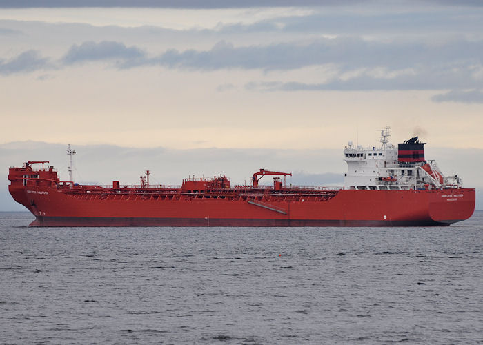 Photograph of the vessel  Anneleen Knutsen pictured at anchor off Macduff on 6th May 2013