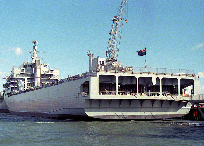 RFA Argus pictured in Portsmouth Naval Base on 26th March 1988