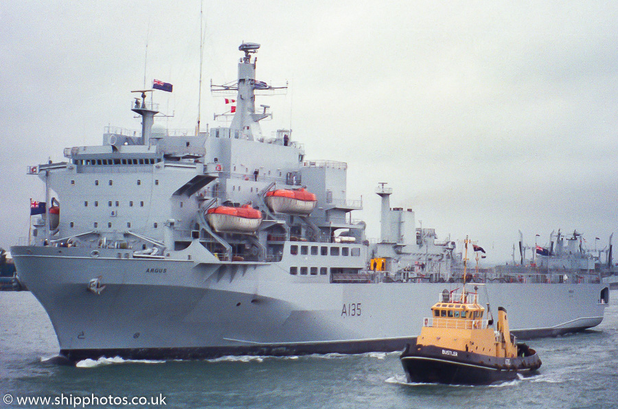 RFA Argus pictured departing Portsmouth Harbour on 2nd June 1988