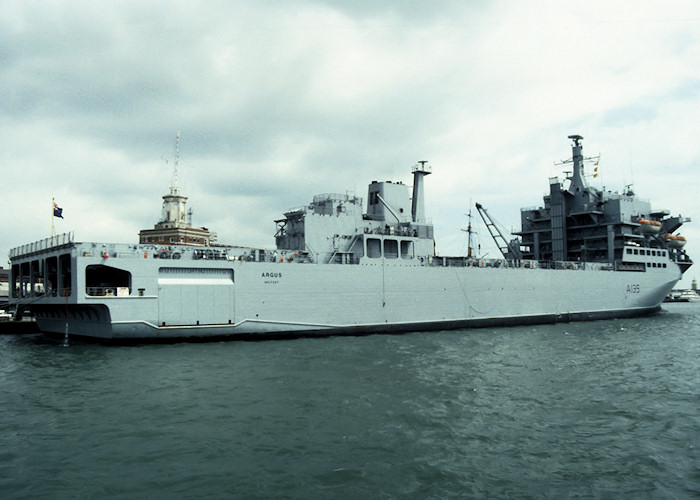 RFA Argus pictured in Portsmouth Naval Base on 17th July 1988