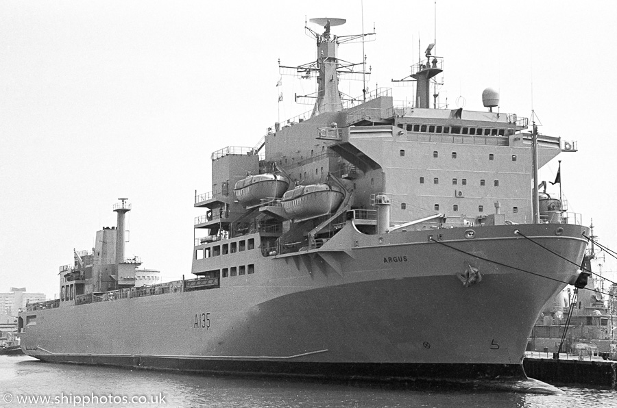 RFA Argus pictured in Portsmouth Naval Base on 20th May 1989