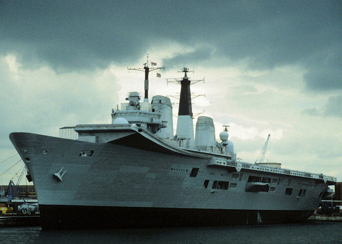 Photograph of the vessel HMS Ark Royal pictured laid up in Portsmouth Naval Base on 27th May 1996