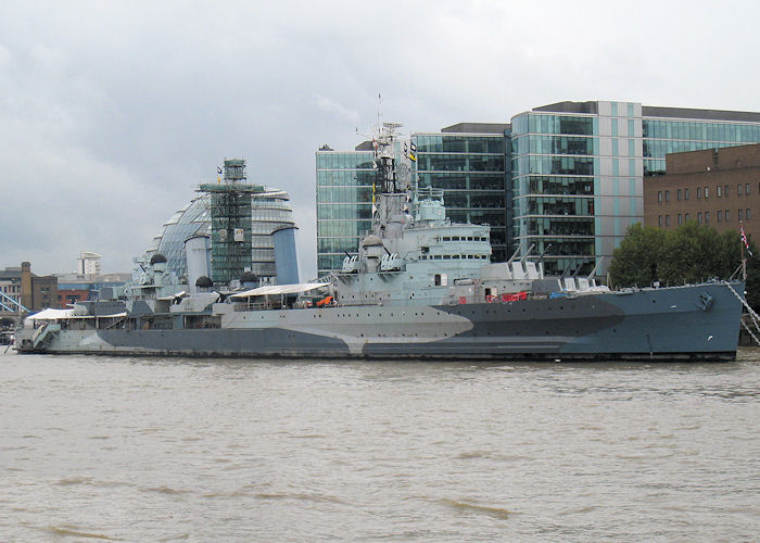 Photograph of the vessel HMS Belfast pictured in the Pool of London on 21st October 2009