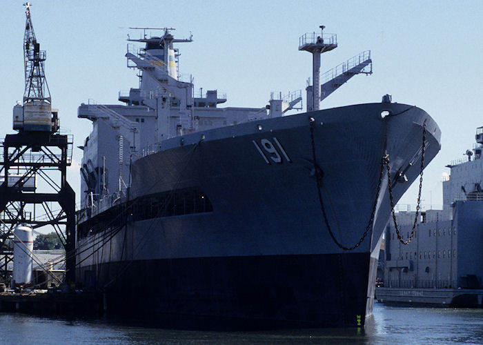 Photograph of the vessel USNS Benjamin Isherwood pictured laid up, part completed, at Norfolk on 20th September 1994