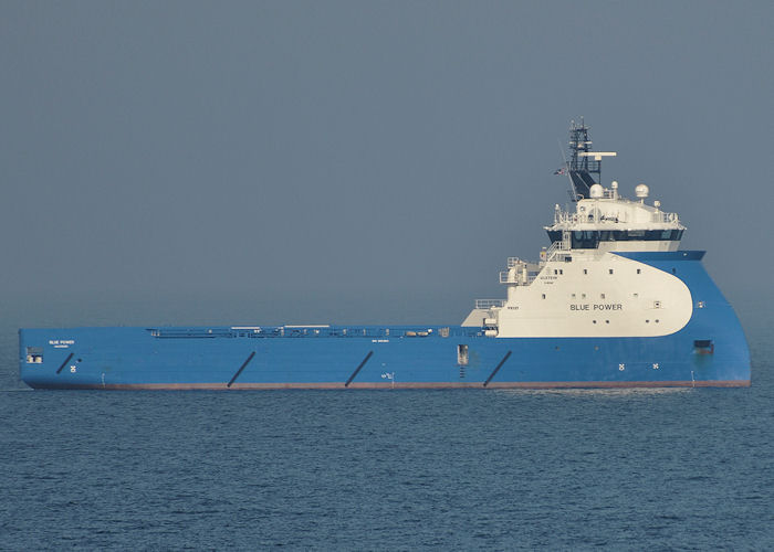 Photograph of the vessel  Blue Power pictured at anchor in Aberdeen Bay on 7th May 2013