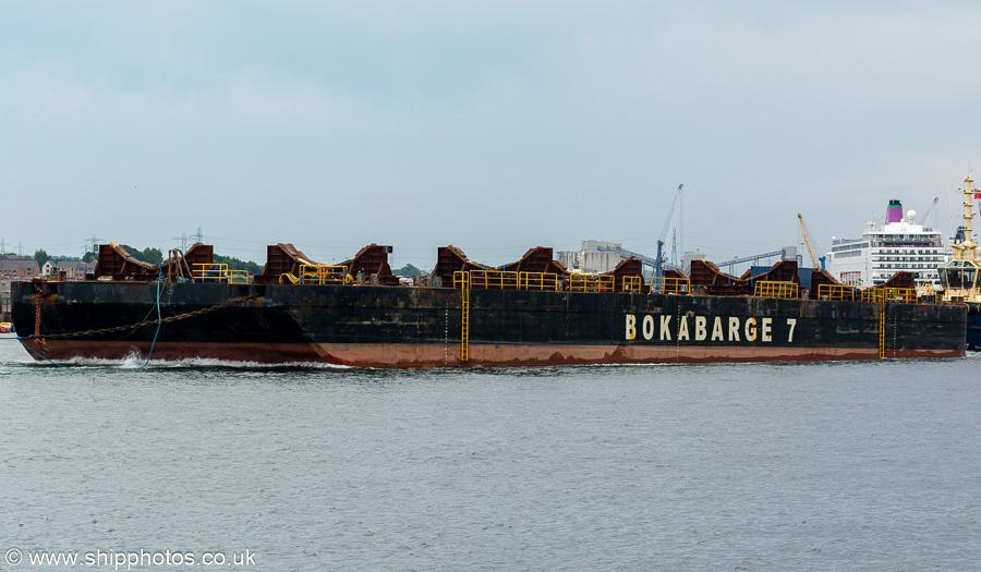 Photograph of the vessel  Bokabarge 7 pictured under tow passing North Shields on 17th June 2023