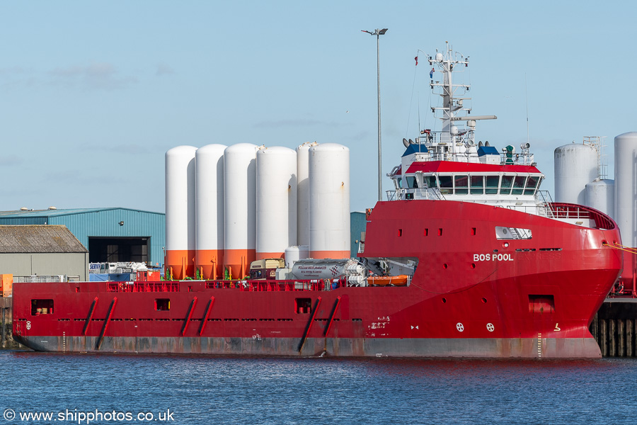 Photograph of the vessel  Bos Pool pictured at Pocra Quay, Aberdeen on 18th March 2025