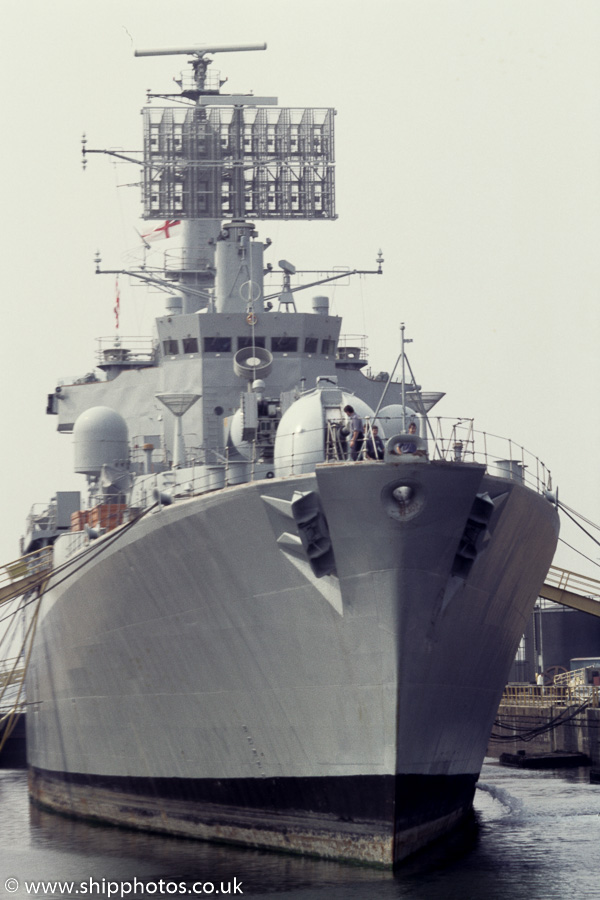 Photograph of the vessel HMS Bristol pictured at Portsmouth Naval Base on 25th August 1984