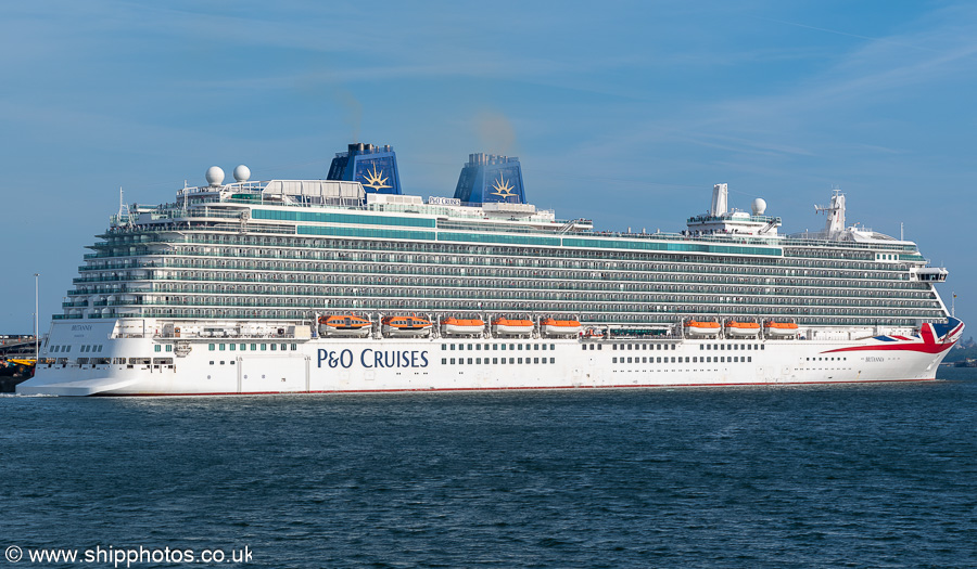 Photograph of the vessel  Britannia pictured departing Ocean Dock, Southampton on 25th April 2025