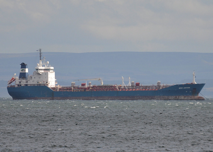 Photograph of the vessel  Bro Anton pictured at anchor in the Firth of Forth on 17th September 2012