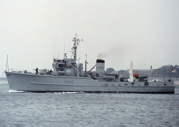 Photograph of the vessel HMS Bronington pictured departing Portsmouth Harbour on 7th May 1988