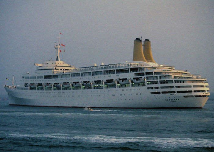 Photograph of the vessel  Canberra pictured departing Southampton on 21st April 1990