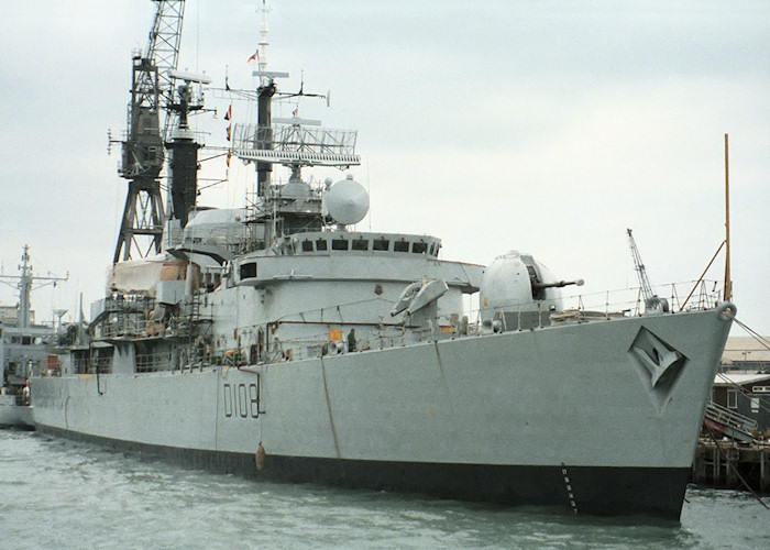 Photograph of the vessel HMS Cardiff pictured in Portsmouth Naval Base on 17th July 1988