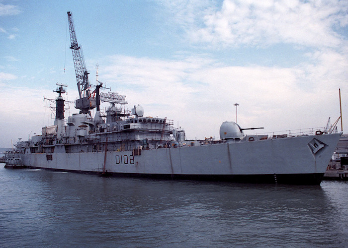 Photograph of the vessel HMS Cardiff pictured in Portsmouth Naval Base on 26th October 1988