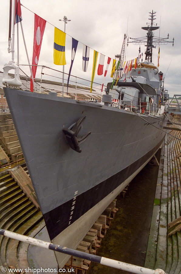 Photograph of the vessel HMS Cavalier pictured in dry dock at Chatham on 4th June 2002