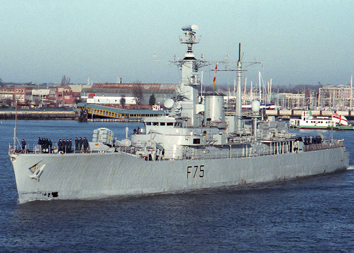 Photograph of the vessel HMS Charybdis pictured departing Portsmouth Harbour on 7th February 1988