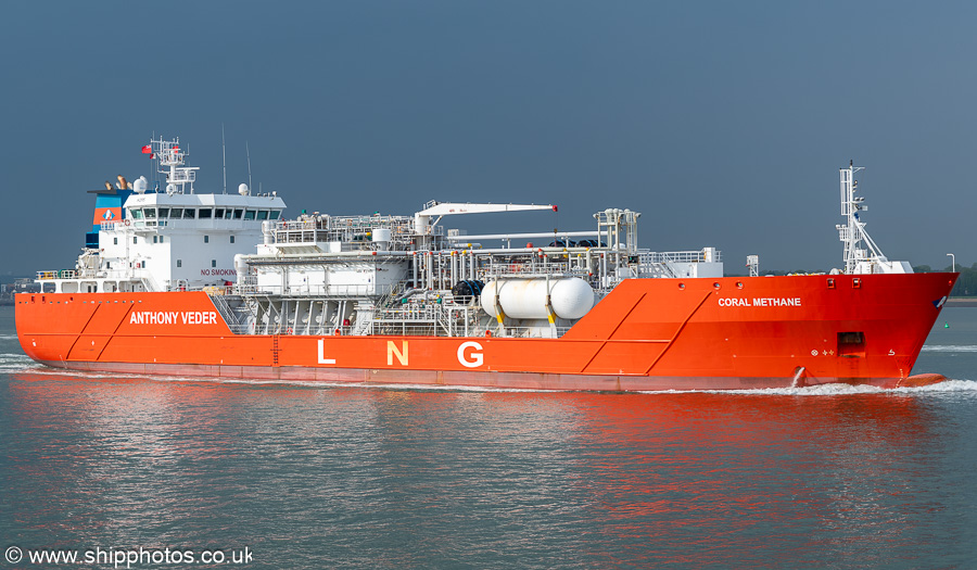 Photograph of the vessel  Coral Methane pictured departing Southampton on 26th April 2025