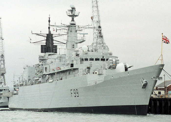 Photograph of the vessel HMS Cornwall pictured in Portsmouth Naval Base on 10th July 1988
