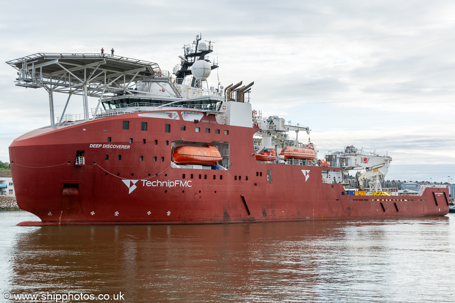 Photograph of the vessel  Deep Discoverer pictured departing Aberdeen on 9th August 2023