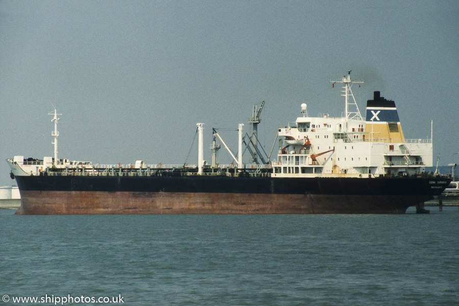 Photograph of the vessel  Dona Ourania pictured at Coryton on 17th June 1989