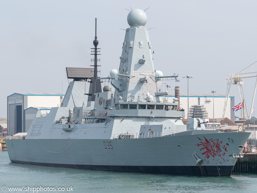 Photograph of the vessel HMS Dragon pictured in Portsmouth Naval Base on 26th April 2025