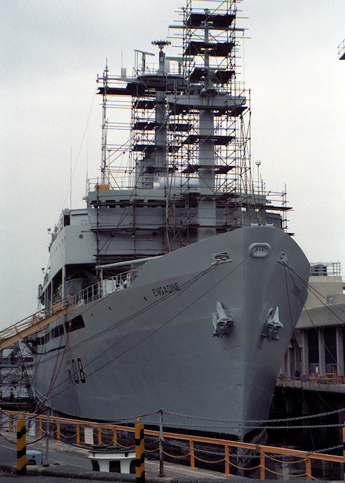 RFA Engadine pictured in dry dock at Portsmouth Naval Base on 29th August 1987
